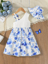 2pcs/Set Young Girl Casual Summer Knit Ribbed Bow Decor Patchwork Blue Floral Print Dress And Round Cap Set